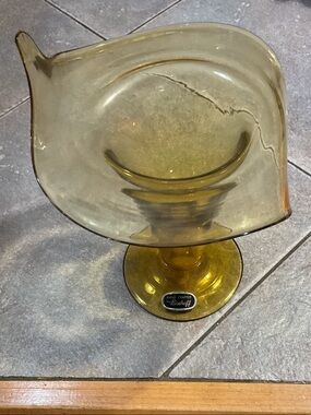 Amber Glass Pedestal Bowl - Handcrafted Accent Vase